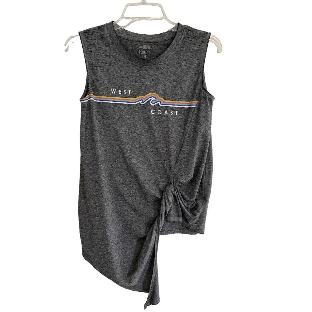 Perfect Tee Sleeveless Gray "West Coast" Graphic Tie Knot Tunic Top Size Small